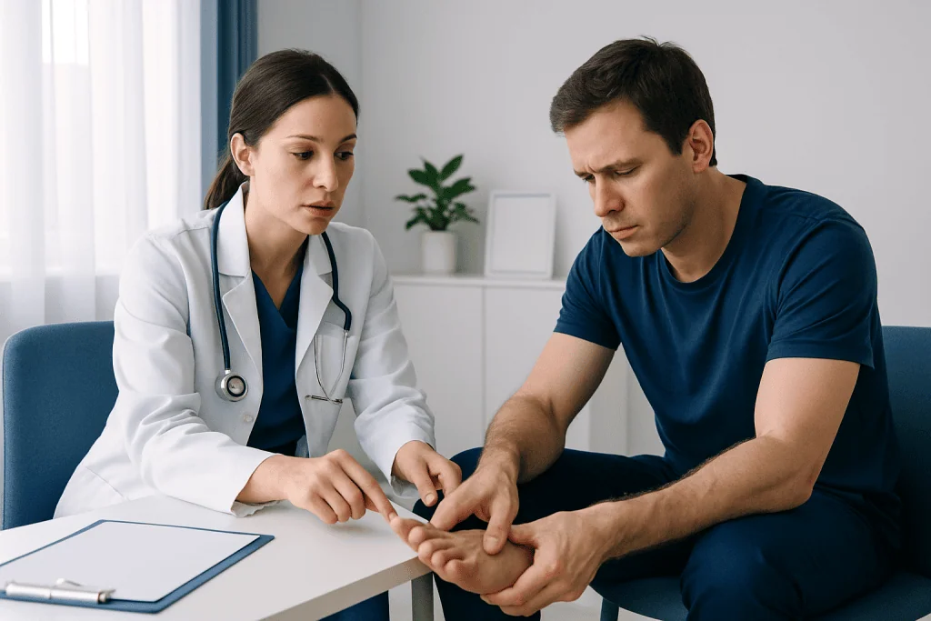 Doctor examining patient's foot for tarsal issues at Acibadem Hospital.