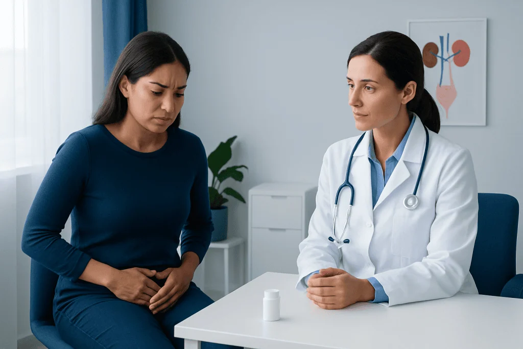 Doctor explaining medication to patient with UTI symptoms in clinic.