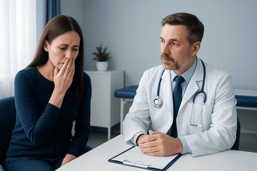 Patient experiencing nausea during medical consultation at Acibadem Hospital.