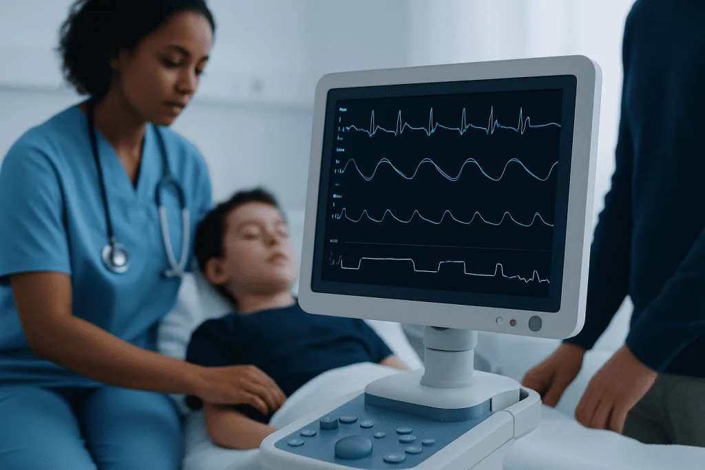 Medical team monitoring patient with ECG in hospital setting.