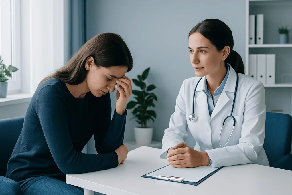 Doctor consulting with a young woman experiencing stress or anxiety.