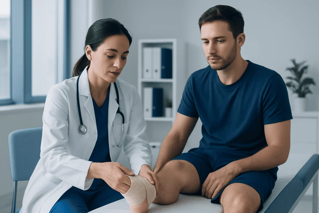 Doctor examining patient's ankle in a clinical setting.