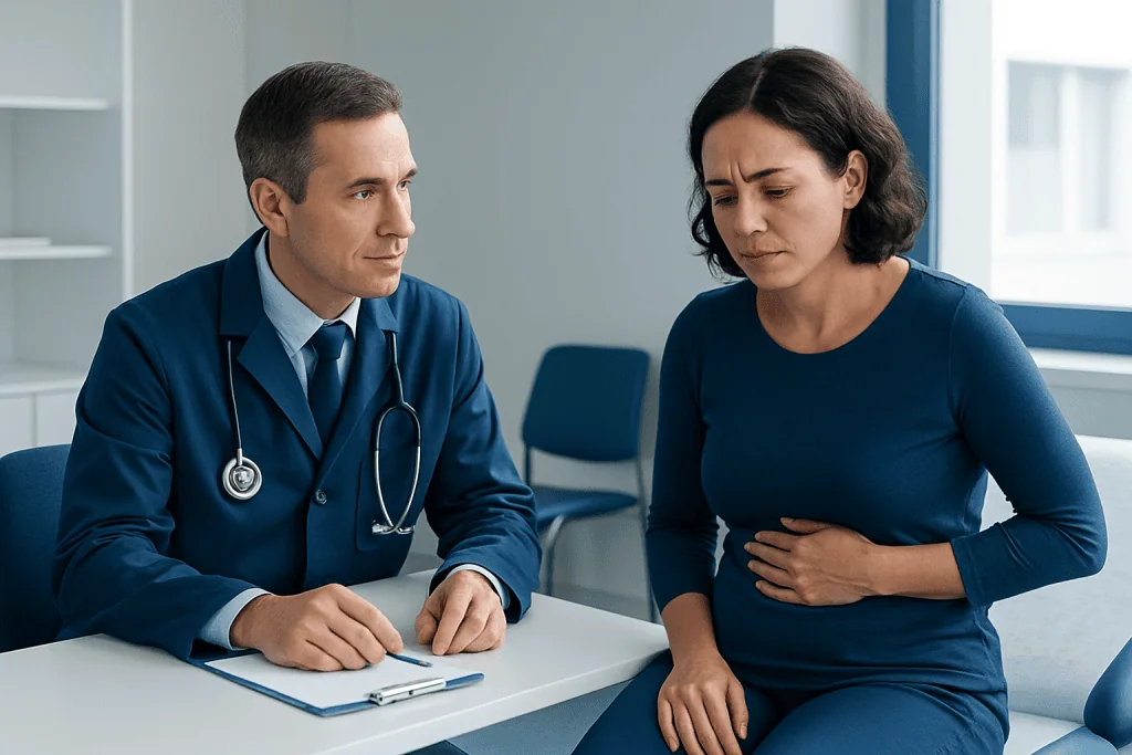 Doctor consulting with a woman patient experiencing abdominal pain.