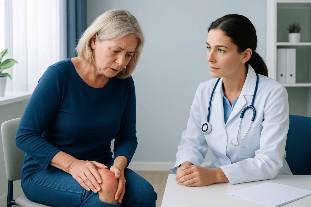 Doctor consulting with an elderly woman about knee pain in a medical office.