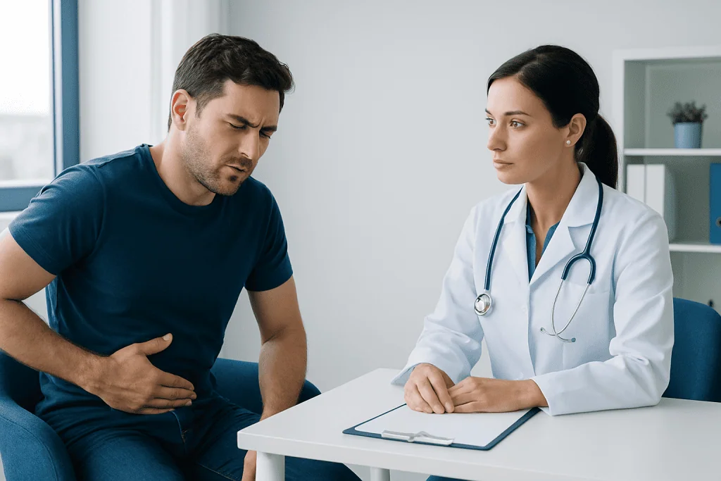 Patient experiencing abdominal pain during consultation at Acibadem Hospital.