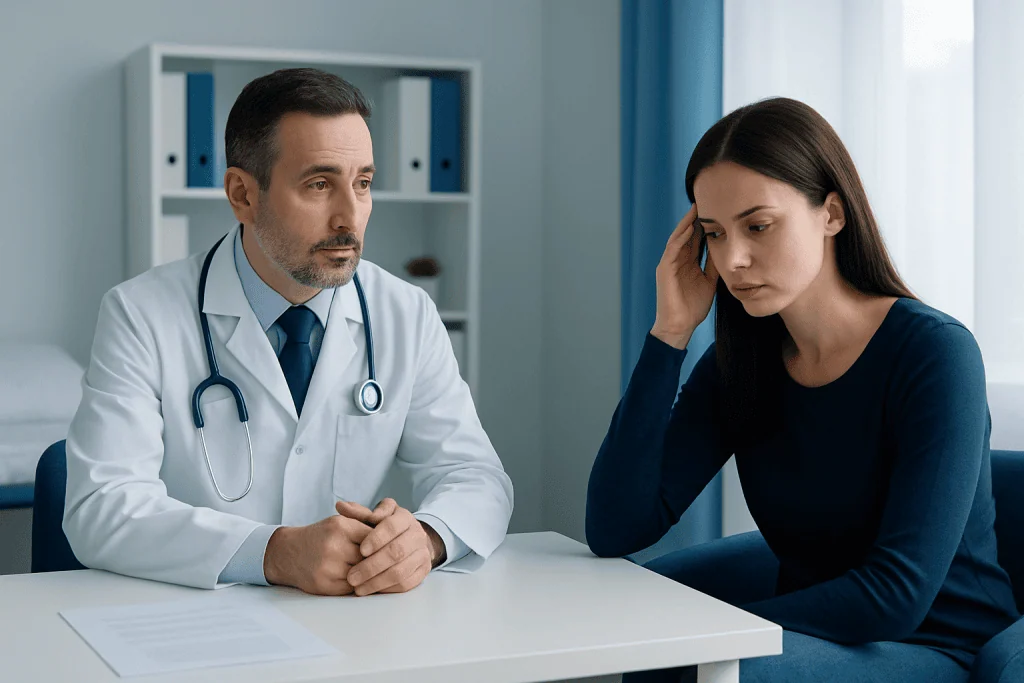 Doctor consulting with a young woman in a medical office setting.