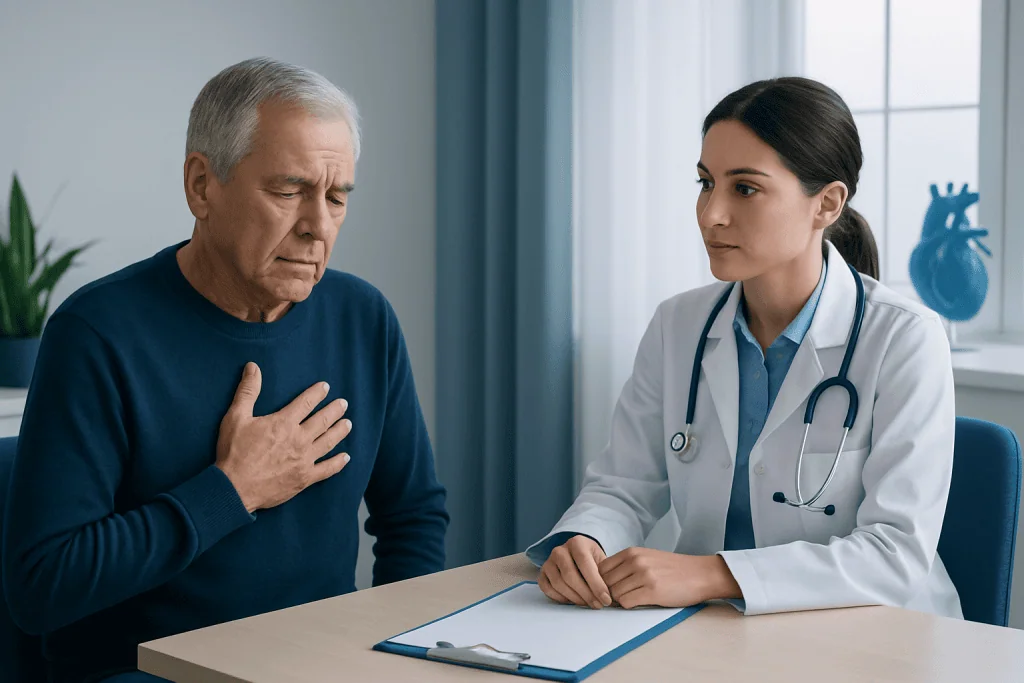 Doctor consulting with an elderly patient about heart health.