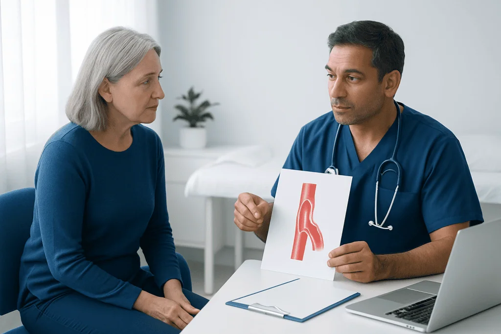 Doctor explaining arterial health to a patient with a model of an artery.
