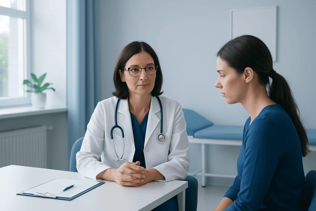 Doctor consulting with a patient in a medical office setting.