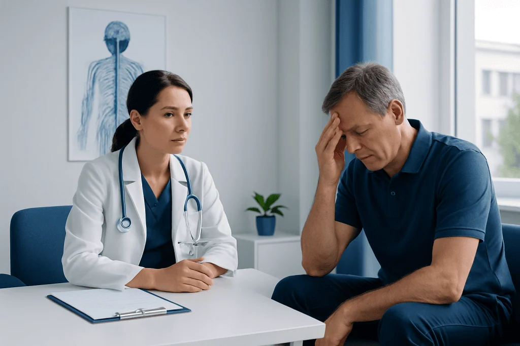 Doctor consulting with a patient about health concerns in a medical office.