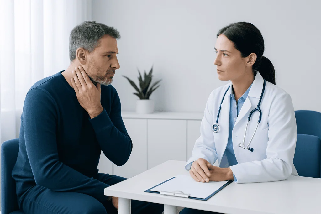 Doctor consulting with a male patient in a medical office.