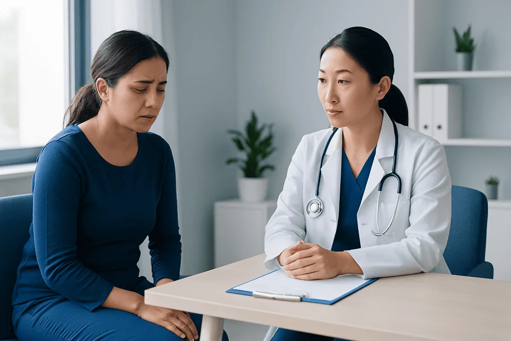Doctor consulting with a patient in a modern medical office.