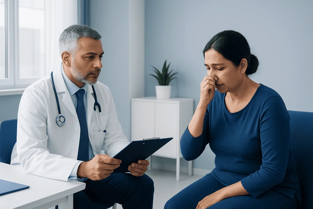 Doctor consulting with a patient in a medical office setting.
