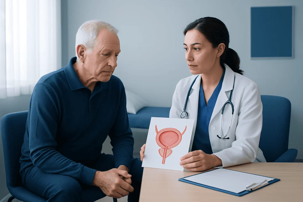 Urologist explaining bladder diagram to an elderly male patient in a clinic.