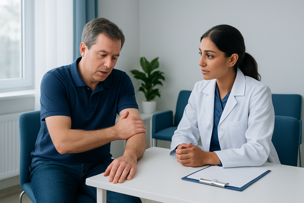 Doctor consulting with patient about arm health and vascular issues.