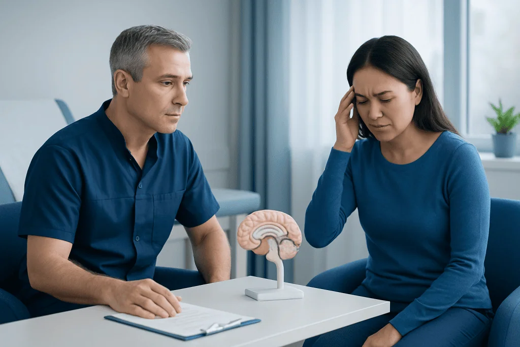 Doctor explaining brain stem issues to a patient in a consultation room.