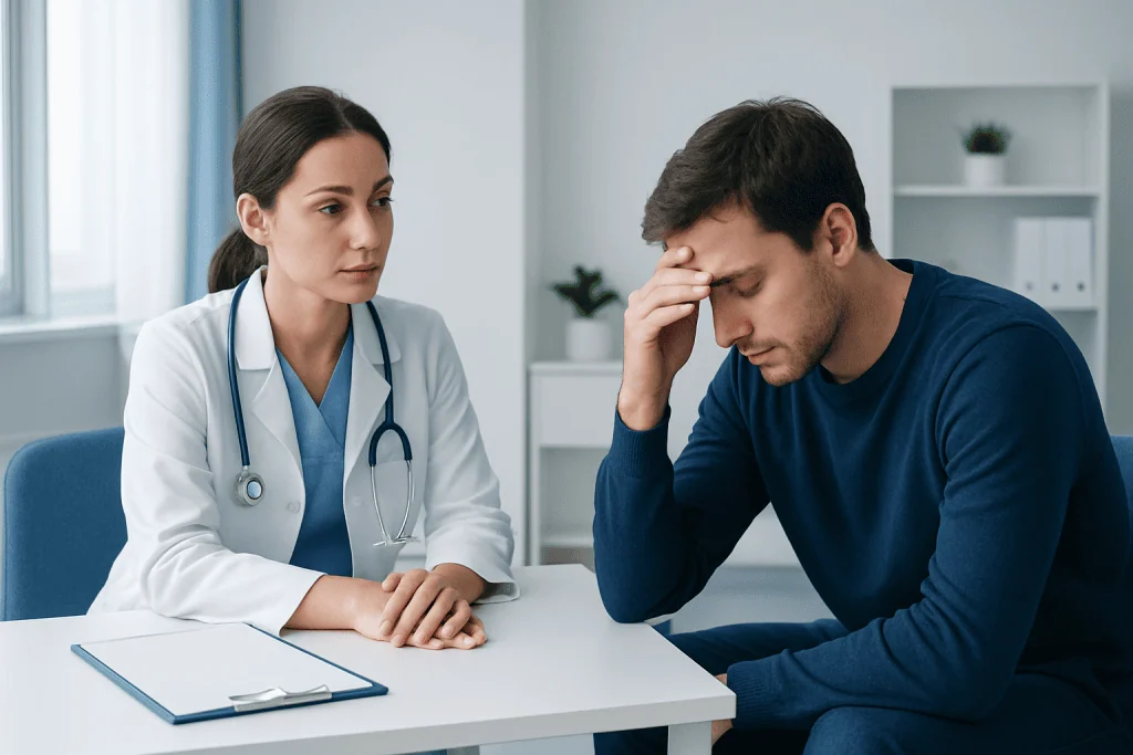 Doctor consulting with a stressed man in a medical office setting.