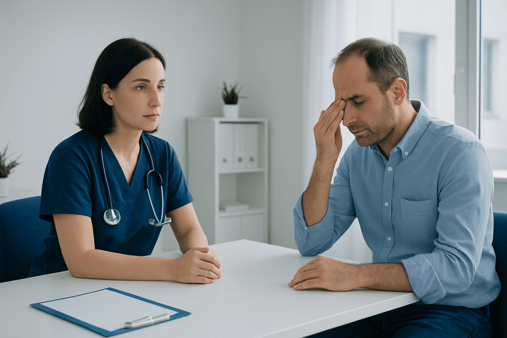 Patient consulting with doctor about health concerns in a medical office.