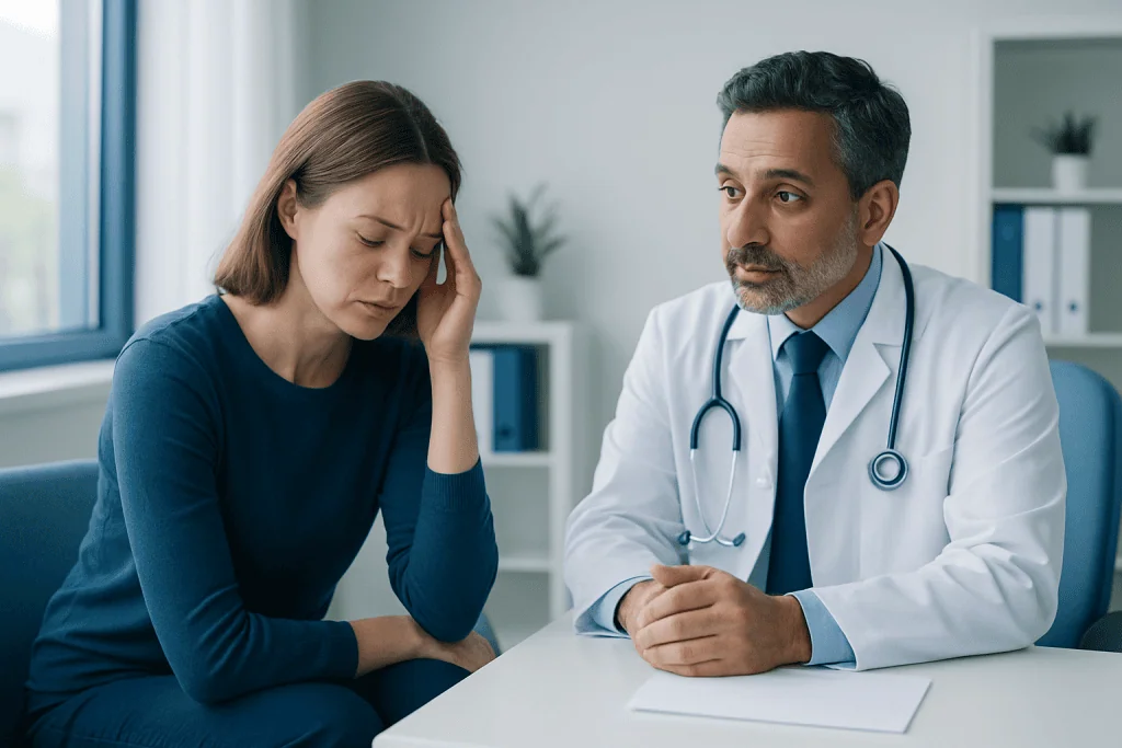 Doctor consulting with a woman experiencing headache or dizziness.