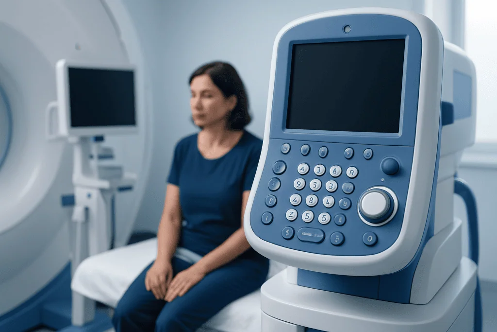 Medical imaging device in a hospital room with a patient sitting nearby.