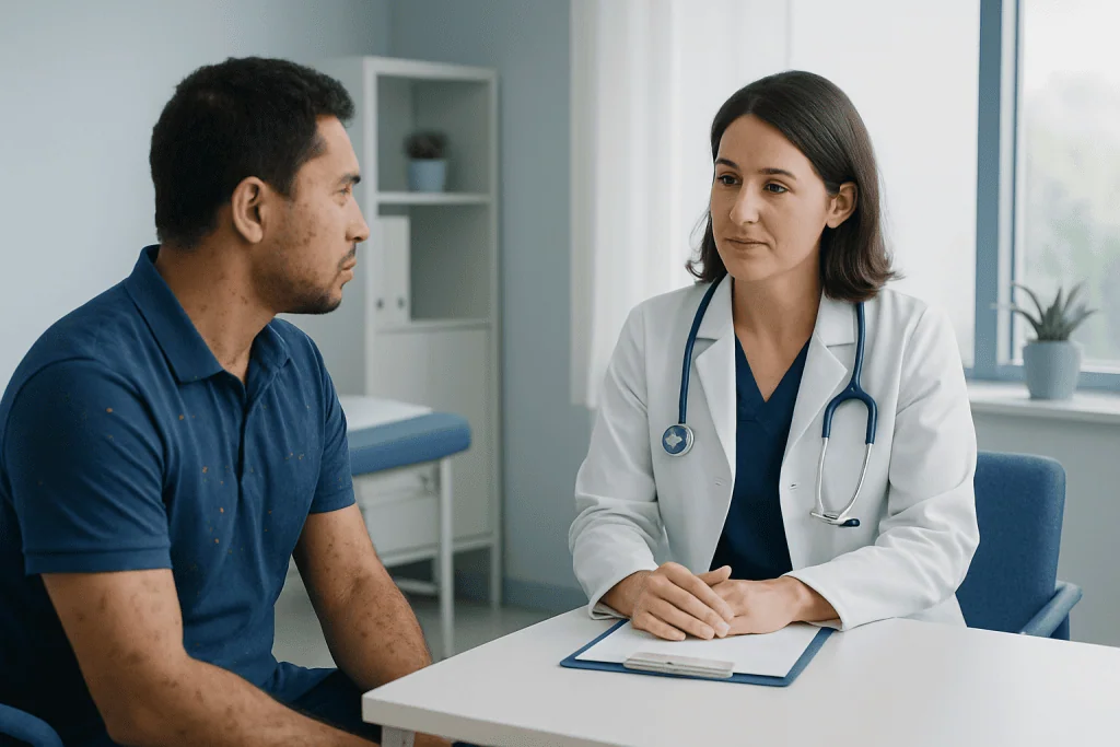 Doctor consulting patient in a medical office setting.