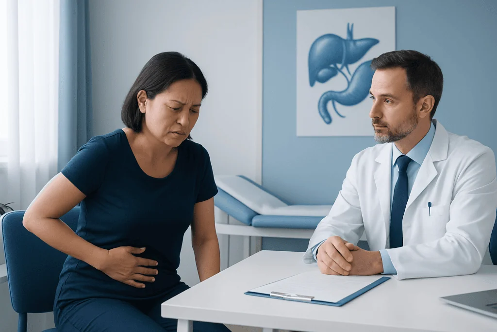 Doctor consulting with a patient experiencing abdominal pain in a hospital setting.