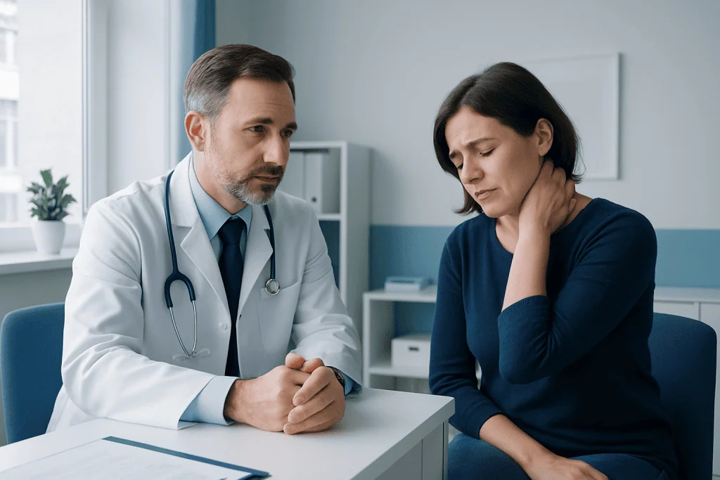 Doctor consulting with a woman patient about neck pain in a clinic.