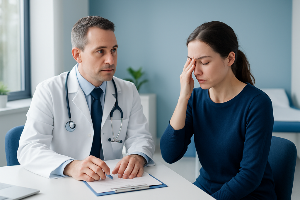 Doctor consulting with a young woman experiencing headache symptoms.
