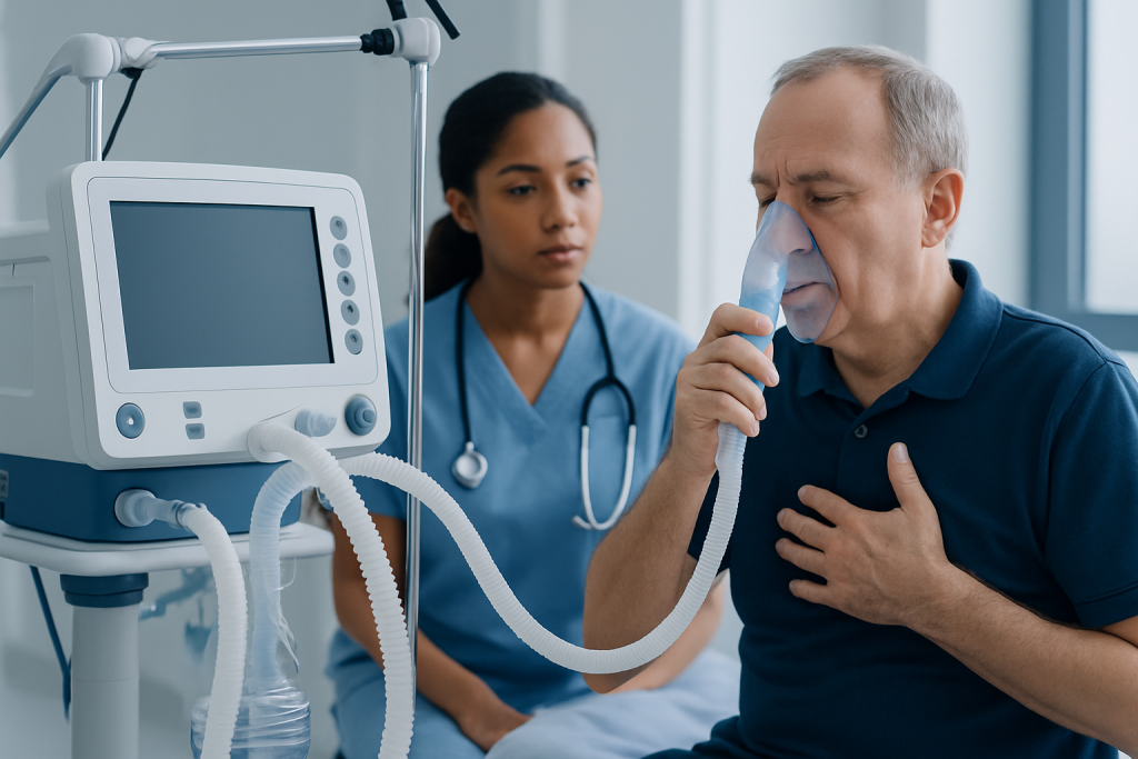 Elderly man receiving oxygen therapy in hospital with nurse present.