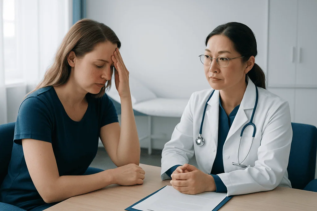 Patient experiencing headache during medical consultation at Acibadem Hospital.