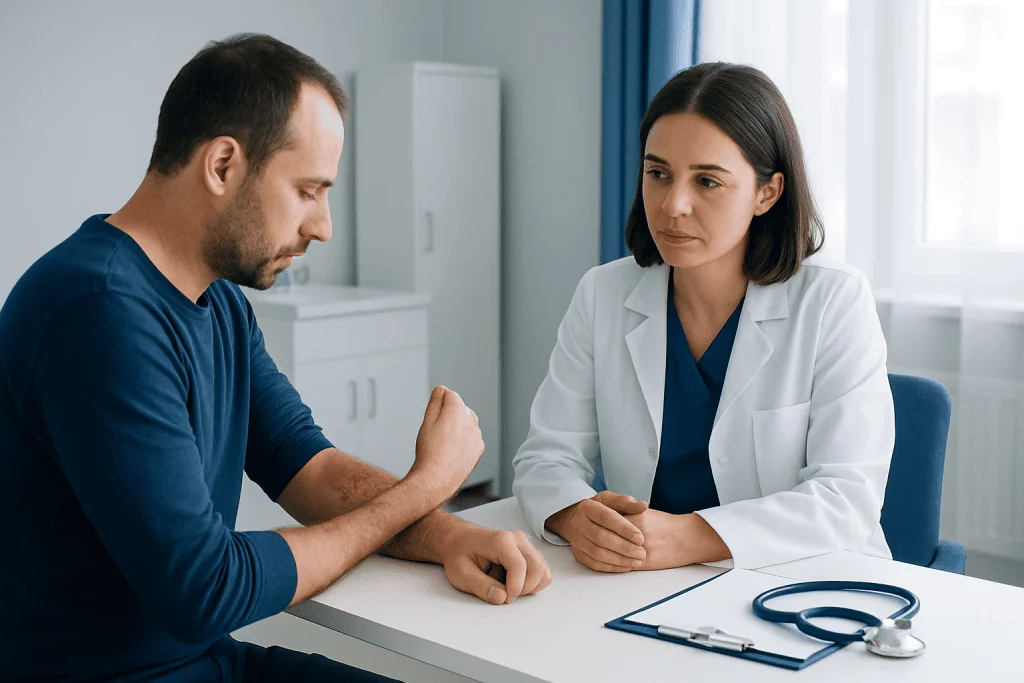 Doctor examining patient's skin in a consultation room at Acibadem Hospitals.