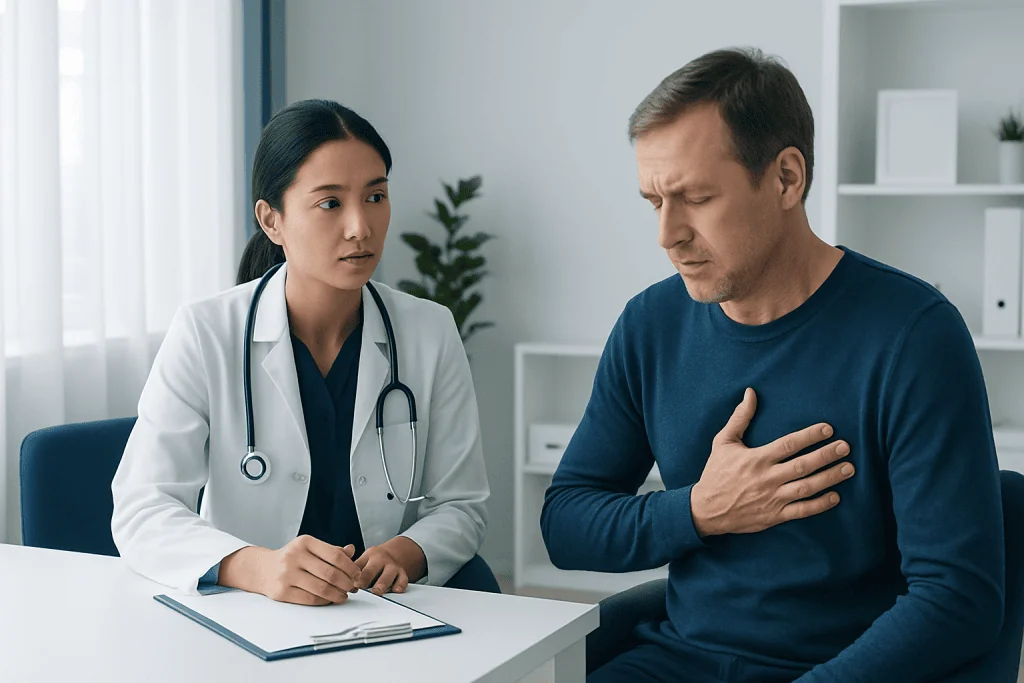 Doctor consulting with a male patient experiencing chest discomfort.