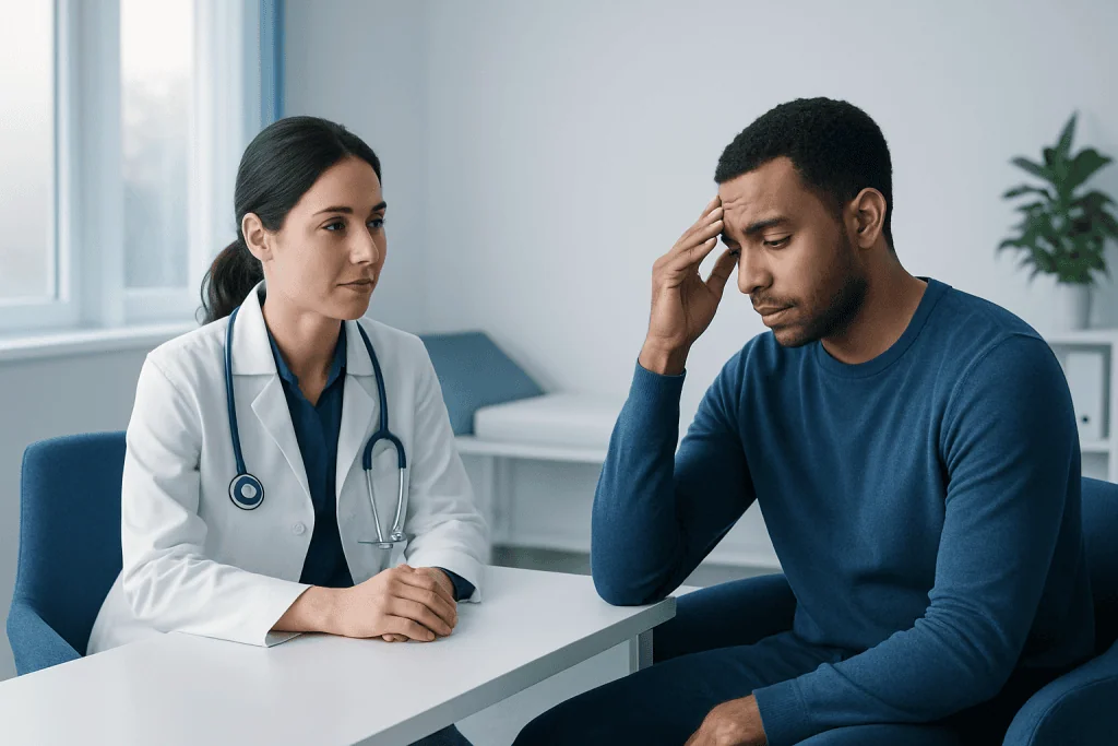 Doctor consulting with a patient experiencing headache or discomfort.
