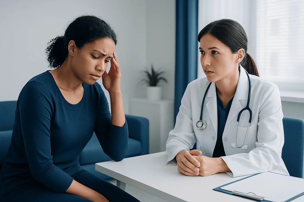 Doctor consulting with a worried female patient in a medical office.