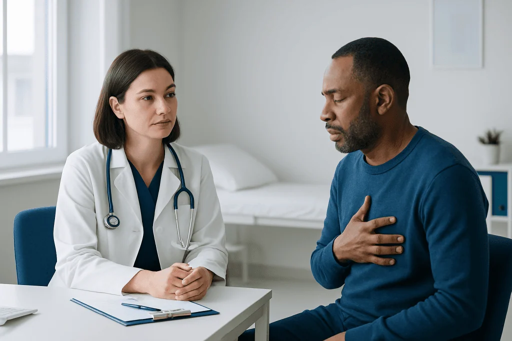 Doctor consulting with patient about symptoms in a medical office.