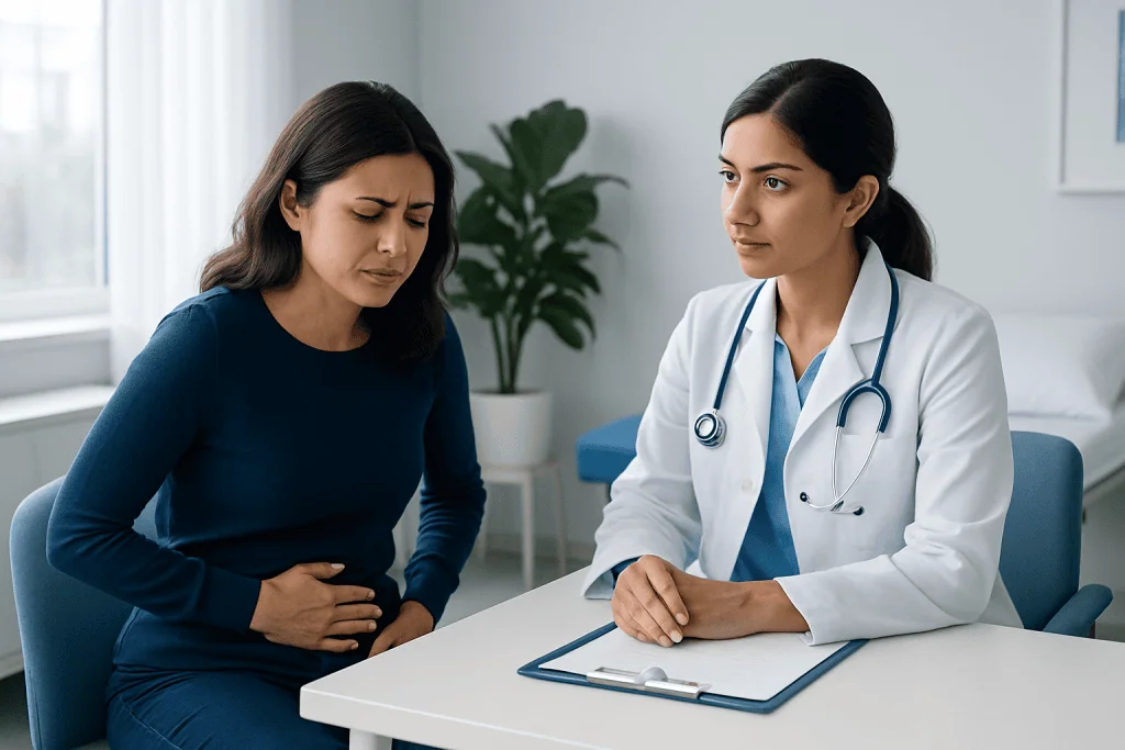 Doctor consulting with a patient about abdominal pain in a hospital setting.