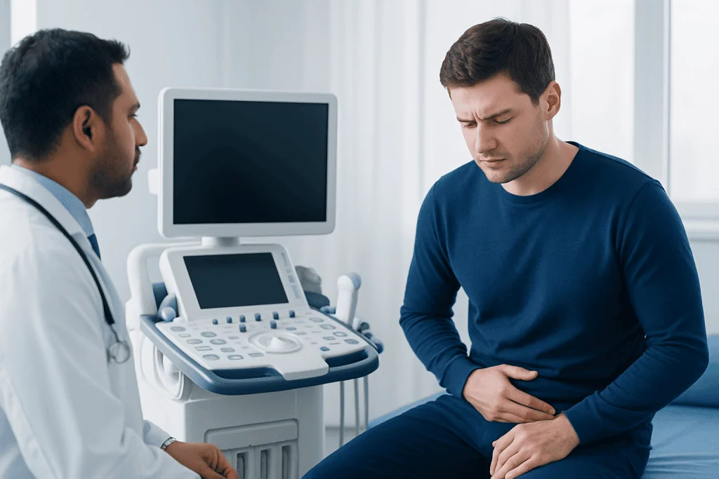 Doctor consulting male patient in a medical examination room.