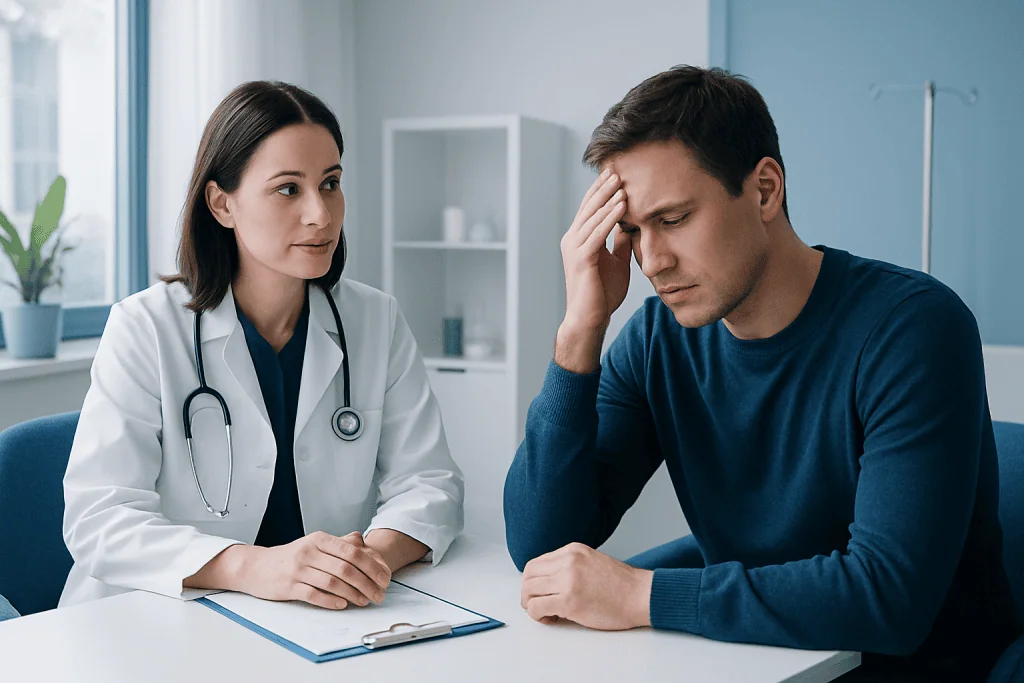 Doctor consulting with a patient experiencing headache or stress.