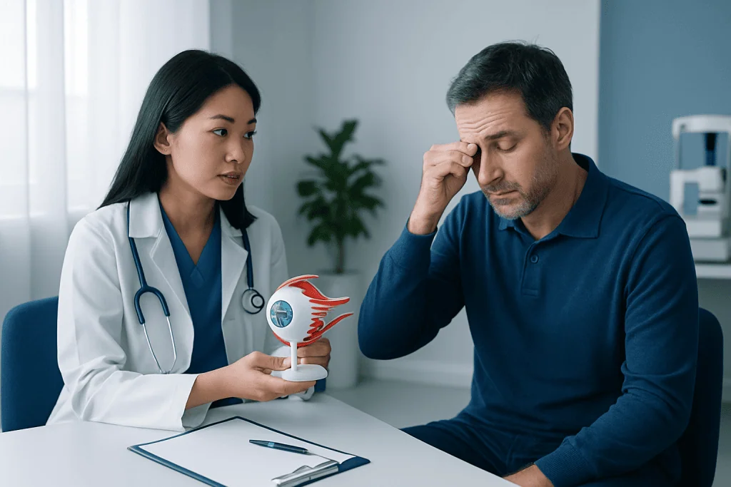 Doctor explaining eye muscle anatomy to patient in consultation room.