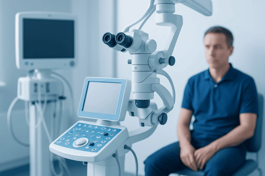 Medical examination room with advanced diagnostic equipment and a patient waiting.