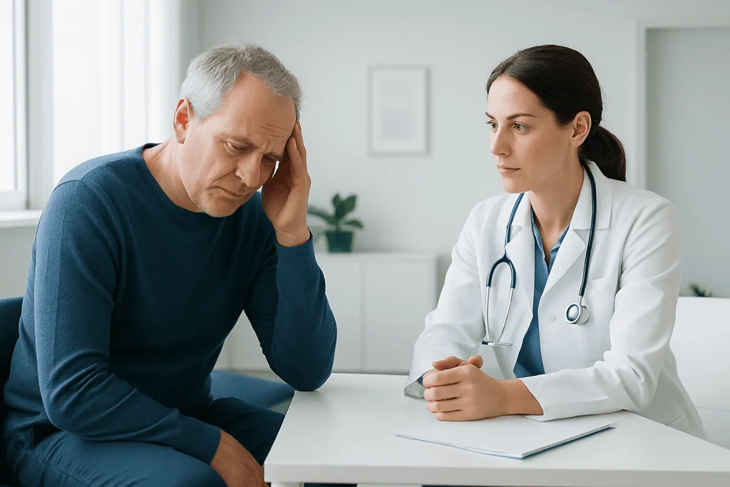 Doctor consulting with a patient experiencing headache or neurological symptoms.
