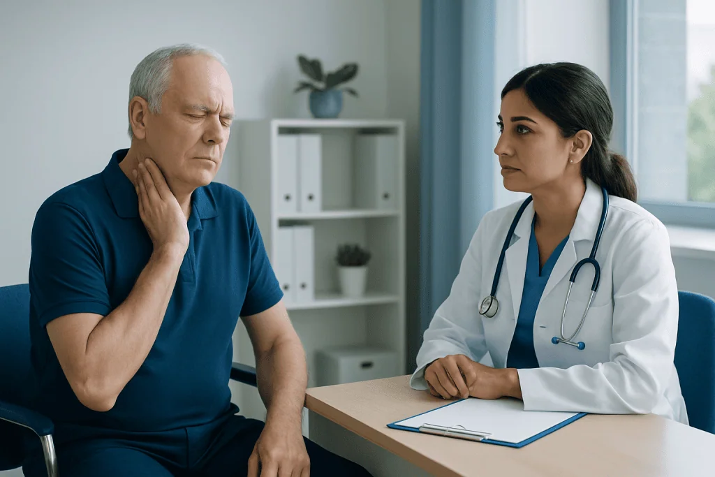 Doctor consulting with an elderly male patient in a medical office.
