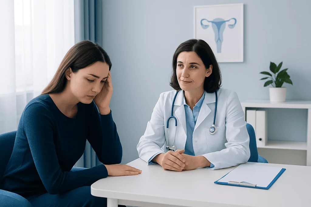 Doctor consulting a patient about health concerns in a medical office.