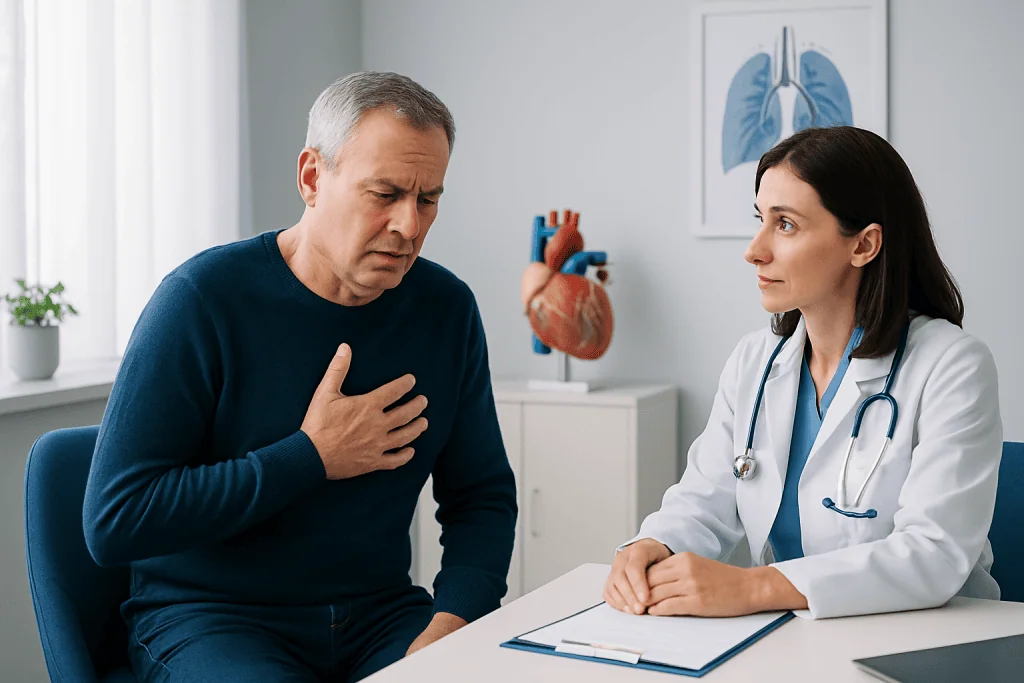 Man experiencing chest pain during medical consultation at Acibadem Hospital.
