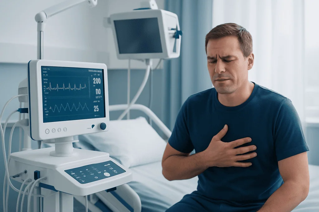 Man experiencing chest pain in a hospital room with medical monitors nearby.