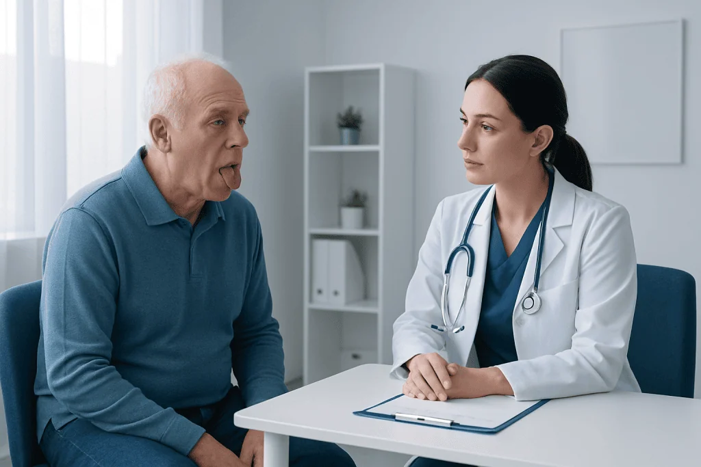 Doctor consulting elderly patient in a medical office.