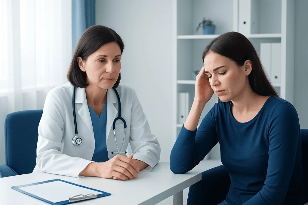 Doctor consulting with a patient about health concerns in a medical office.