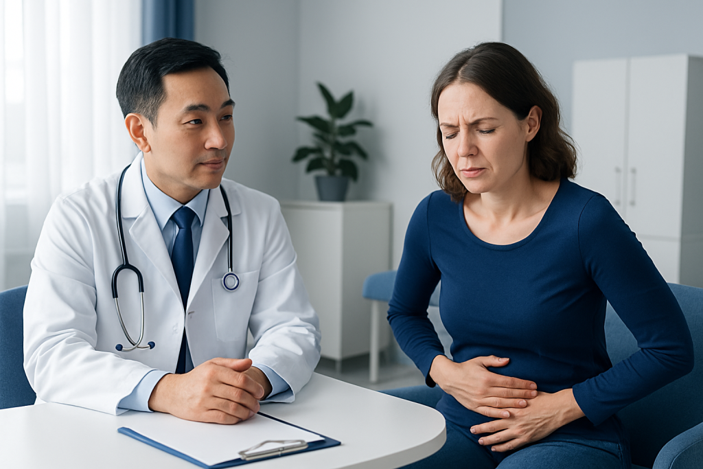 Doctor consulting with a woman experiencing abdominal pain at a medical clinic.
