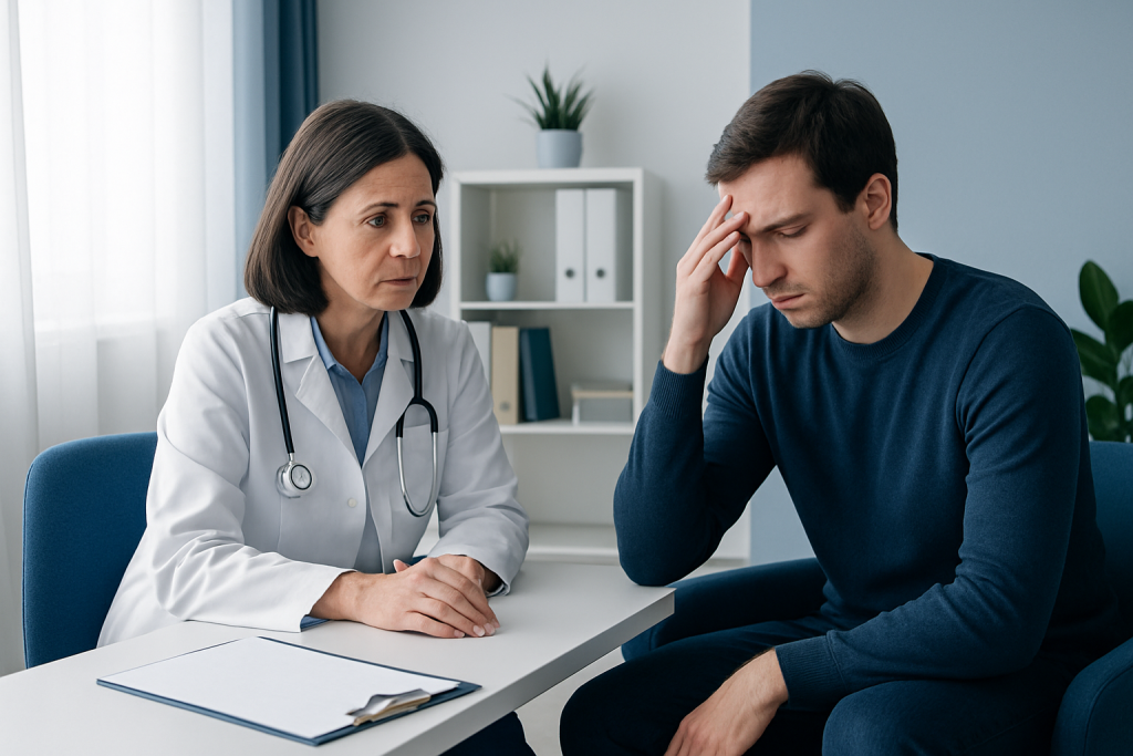 Doctor consulting with a young male patient about intracranial pressure.