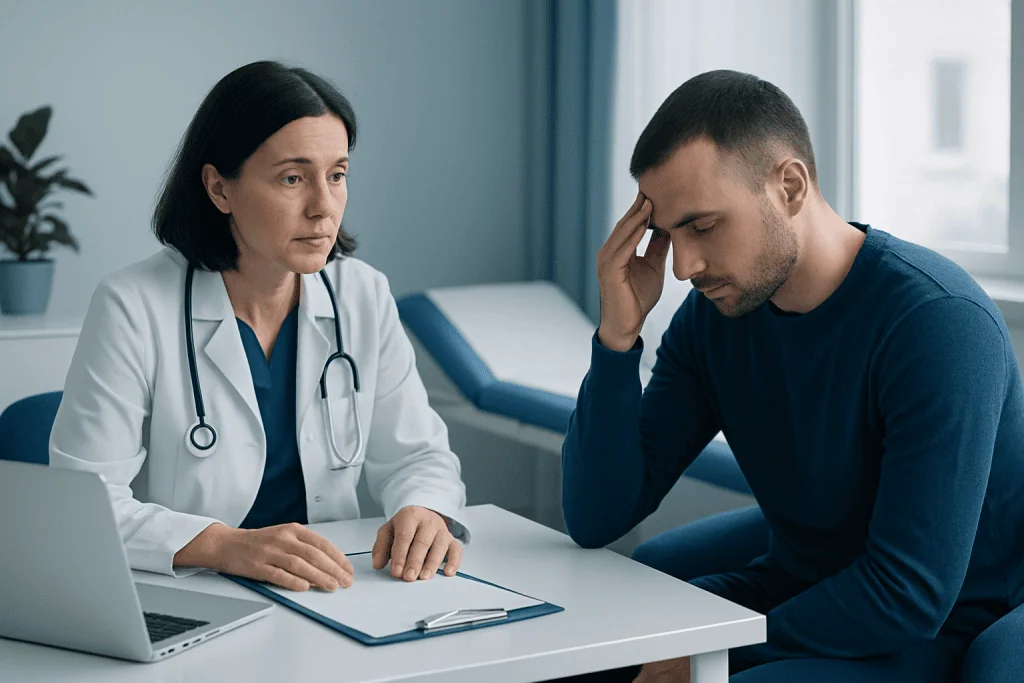 Doctor consulting with a patient about health concerns in a medical office.
